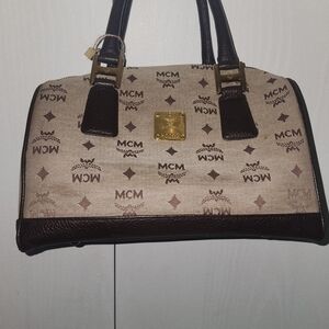 MCM Tan and Dark Brown Leather And Canvas Satchel/Boston Bag